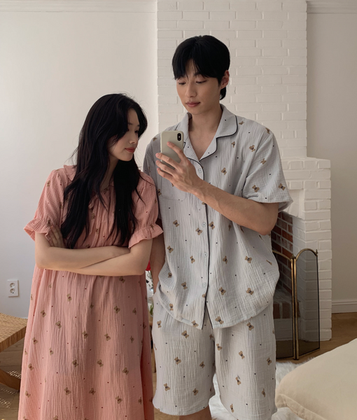 [Juuneedu] Mandy Bear Crinkle Cotton Short Sleeve Pyjamas