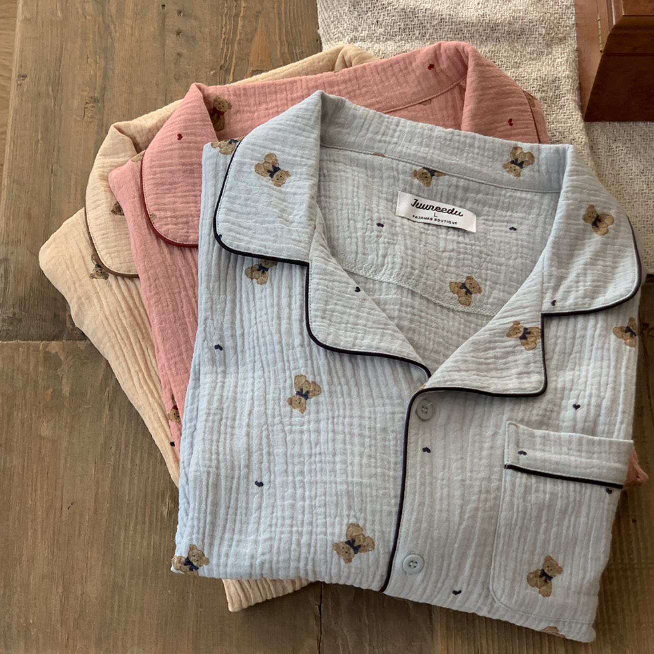 [Juuneedu] Mandy Bear Crinkle Cotton Short Sleeve Pyjamas