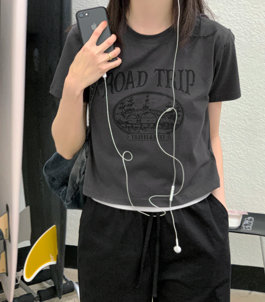 [98°C] Trip Printed Crop Short Sleeve T-Shirt