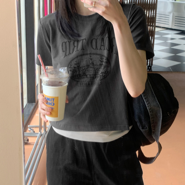 [98°C] Trip Printed Crop Short Sleeve T-Shirt