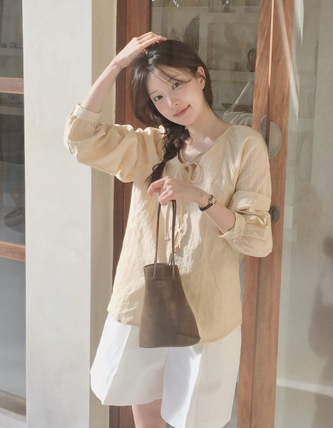 [SLOWAND] # SLOWMADE NOIR Ribbon Cotton Blouse