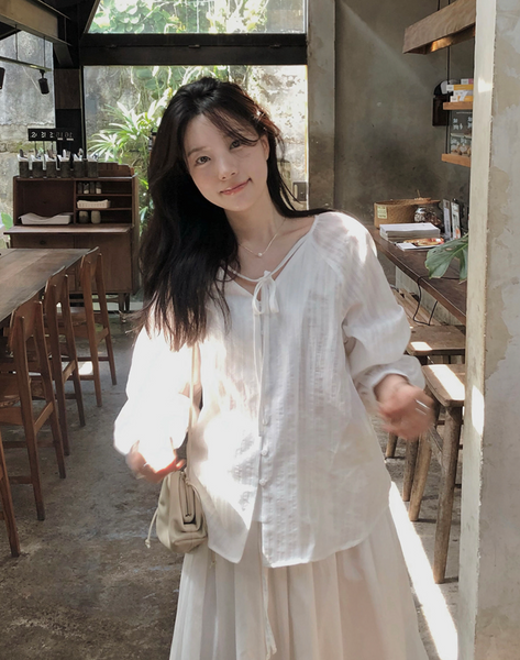 [SLOWAND] # SLOWMADE NOIR Ribbon Cotton Blouse