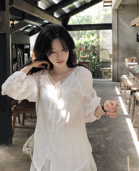 [SLOWAND] # SLOWMADE NOIR Ribbon Cotton Blouse