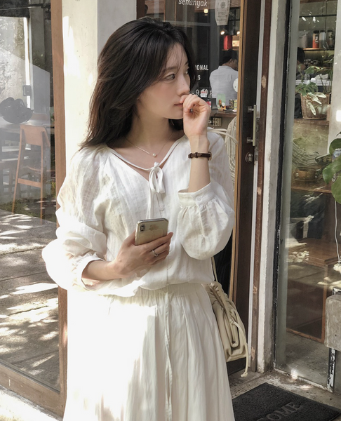 [SLOWAND] # SLOWMADE NOIR Ribbon Cotton Blouse