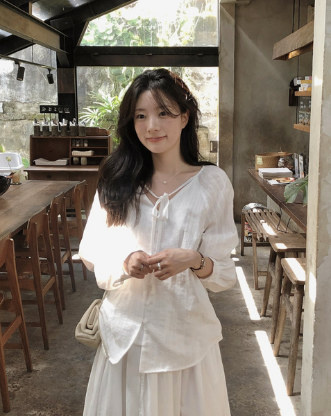 [SLOWAND] # SLOWMADE NOIR Ribbon Cotton Blouse