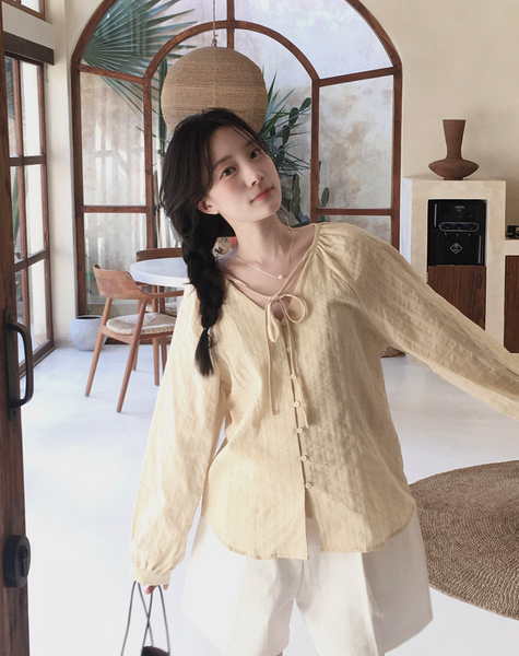 [SLOWAND] # SLOWMADE NOIR Ribbon Cotton Blouse