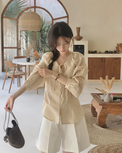 [SLOWAND] # SLOWMADE NOIR Ribbon Cotton Blouse