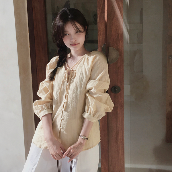 [SLOWAND] # SLOWMADE NOIR Ribbon Cotton Blouse