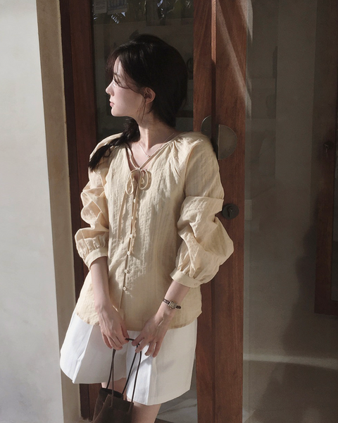 [SLOWAND] # SLOWMADE NOIR Ribbon Cotton Blouse