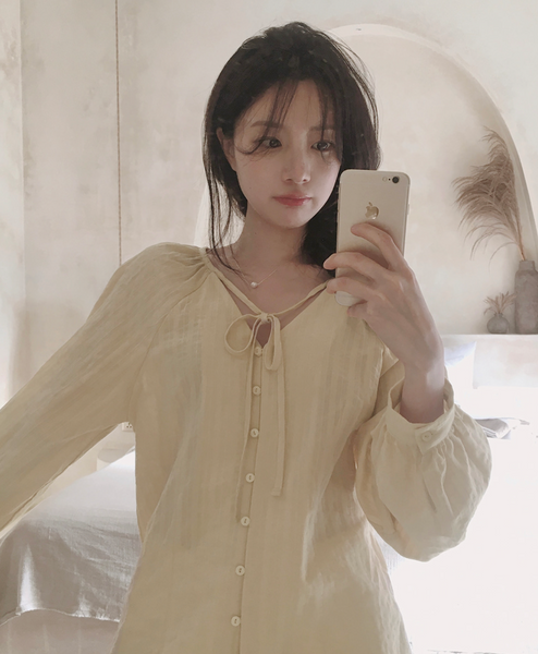 [SLOWAND] # SLOWMADE NOIR Ribbon Cotton Blouse