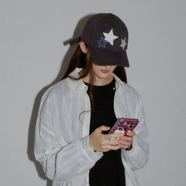 [RONRON] STAR PATCH MIXED APPLIQUE BALL CAP CHARCOAL