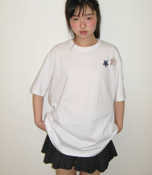 [RONRON] RON PATCH MIXED APPLIQUE OVER FIT T SHIRT WHITE