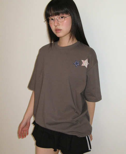 [RONRON] RON PATCH MIXED APPLIQUE OVER FIT T SHIRT CHARCOAL