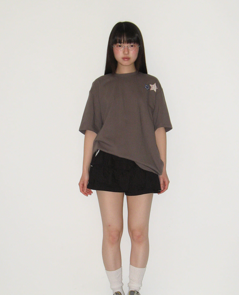 [RONRON] RON PATCH MIXED APPLIQUE OVER FIT T SHIRT CHARCOAL