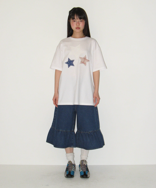 [RONRON] STAR PATCH MIXED APPLIQUE APPLIQUE T SHIRT WHITE