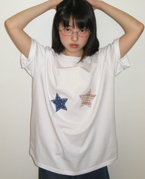 [RONRON] STAR PATCH MIXED APPLIQUE APPLIQUE T SHIRT WHITE