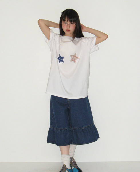 [RONRON] STAR PATCH MIXED APPLIQUE APPLIQUE T SHIRT WHITE