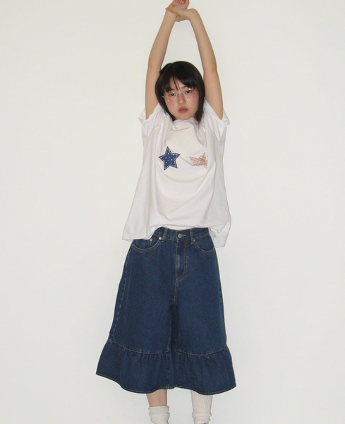 [RONRON] STAR PATCH MIXED APPLIQUE APPLIQUE T SHIRT WHITE