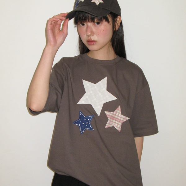 [RONRON] STAR PATCH MIXED APPLIQUE APPLIQUE T SHIRT CHARCOAL