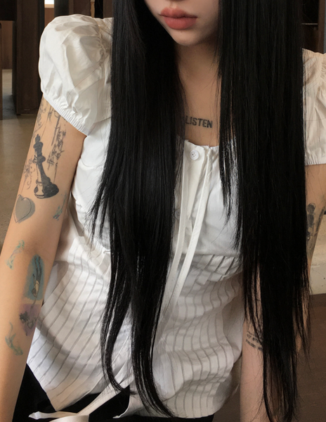 [anyonemore] Summer Ribbon Strap Pintuck Puff Short Sleeved Blouse