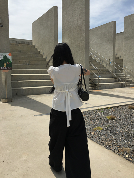 [anyonemore] Summer Ribbon Strap Pintuck Puff Short Sleeved Blouse