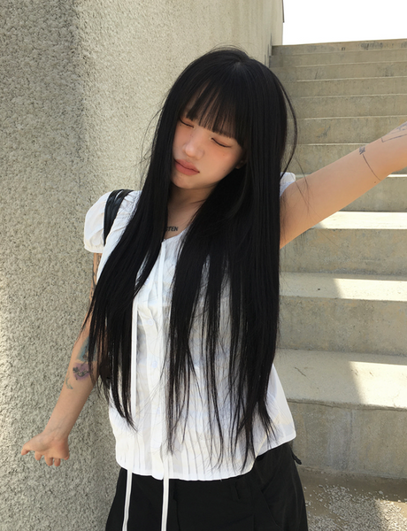 [anyonemore] Summer Ribbon Strap Pintuck Puff Short Sleeved Blouse