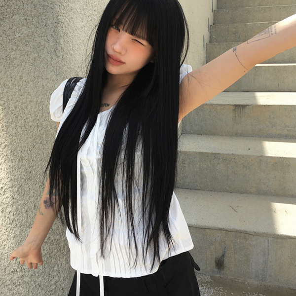 [anyonemore] Summer Ribbon Strap Pintuck Puff Short Sleeved Blouse