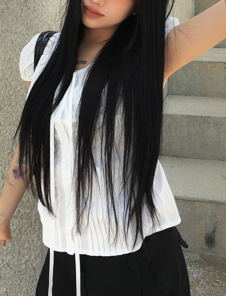 [anyonemore] Summer Ribbon Strap Pintuck Puff Short Sleeved Blouse