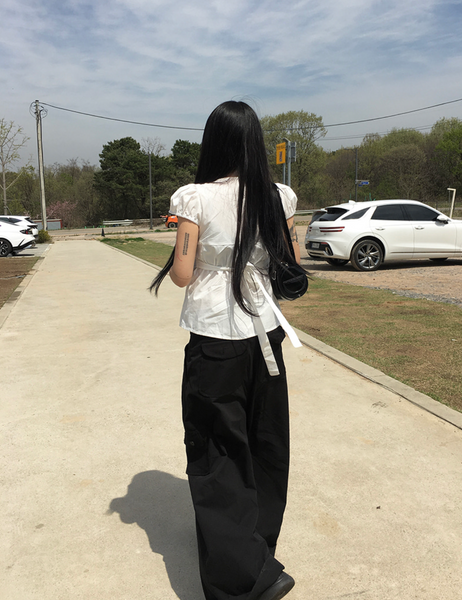 [anyonemore] Summer Ribbon Strap Pintuck Puff Short Sleeved Blouse