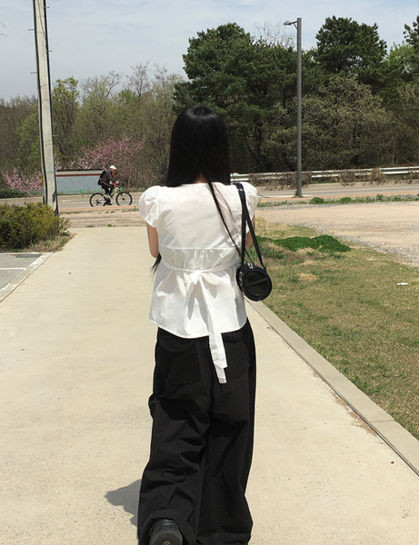 [anyonemore] Summer Ribbon Strap Pintuck Puff Short Sleeved Blouse