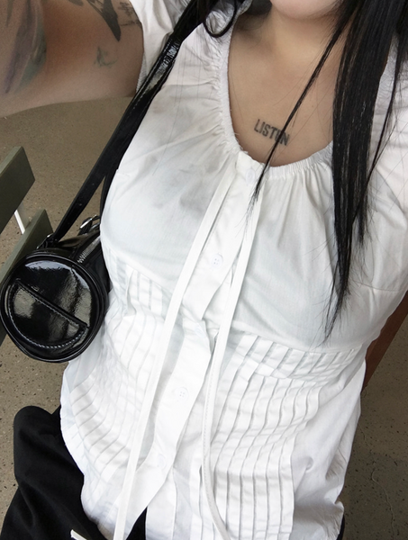 [anyonemore] Summer Ribbon Strap Pintuck Puff Short Sleeved Blouse