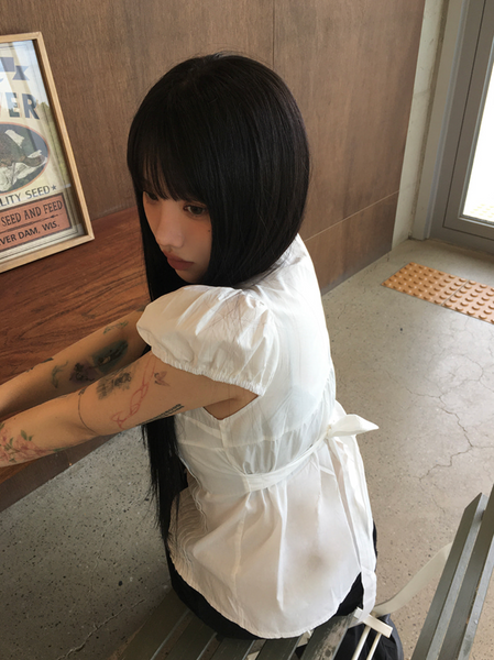 [anyonemore] Summer Ribbon Strap Pintuck Puff Short Sleeved Blouse