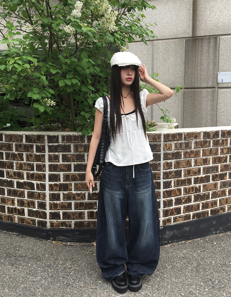 [anyonemore] Noal Lace Ribbon Puff Sleeveless Blouse