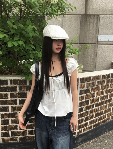 [anyonemore] Noal Lace Ribbon Puff Sleeveless Blouse