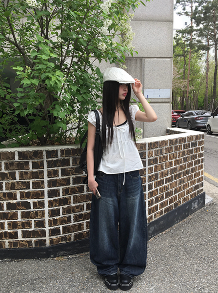 [anyonemore] Noal Lace Ribbon Puff Sleeveless Blouse