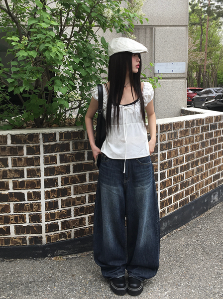 [anyonemore] Noal Lace Ribbon Puff Sleeveless Blouse