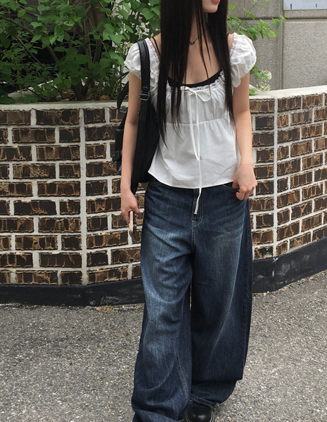 [anyonemore] Noal Lace Ribbon Puff Sleeveless Blouse