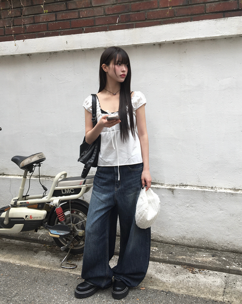 [anyonemore] Noal Lace Ribbon Puff Sleeveless Blouse