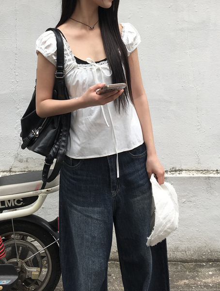 [anyonemore] Noal Lace Ribbon Puff Sleeveless Blouse