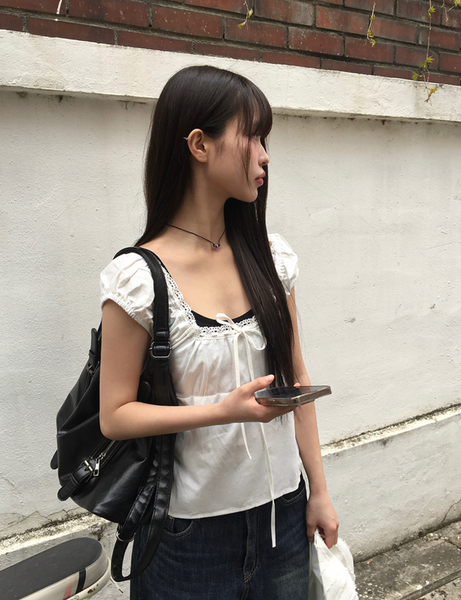 [anyonemore] Noal Lace Ribbon Puff Sleeveless Blouse