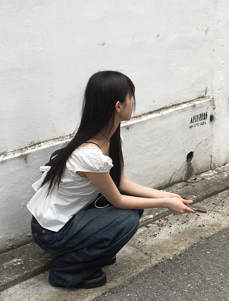 [anyonemore] Noal Lace Ribbon Puff Sleeveless Blouse