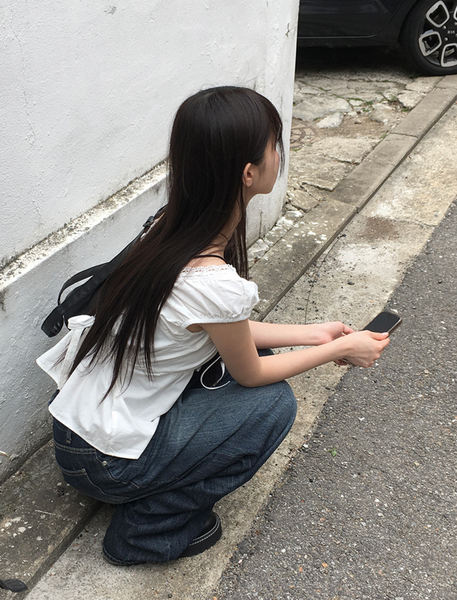 [anyonemore] Noal Lace Ribbon Puff Sleeveless Blouse