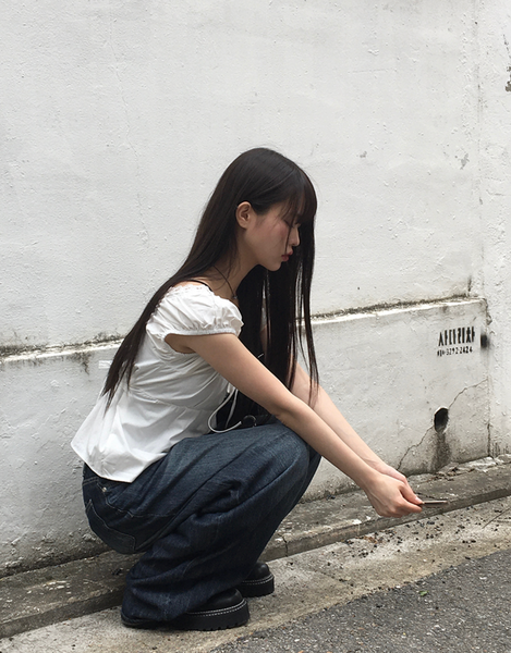 [anyonemore] Noal Lace Ribbon Puff Sleeveless Blouse