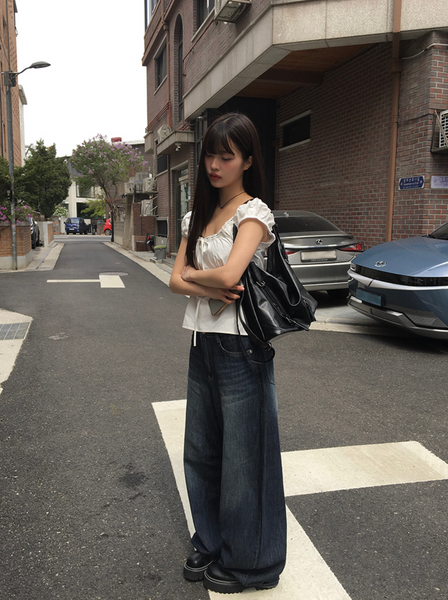 [anyonemore] Noal Lace Ribbon Puff Sleeveless Blouse