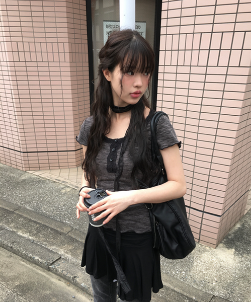 [anyonemore] Suki Lace Button Choker Short Sleeve T-Shirt Set