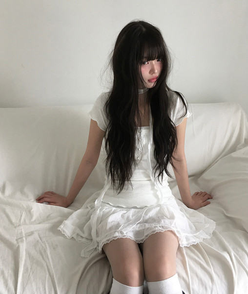 [anyonemore] Suki Lace Button Choker Short Sleeve T-Shirt Set