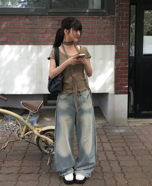 [anyonemore] Suki Lace Button Choker Short Sleeve T-Shirt Set