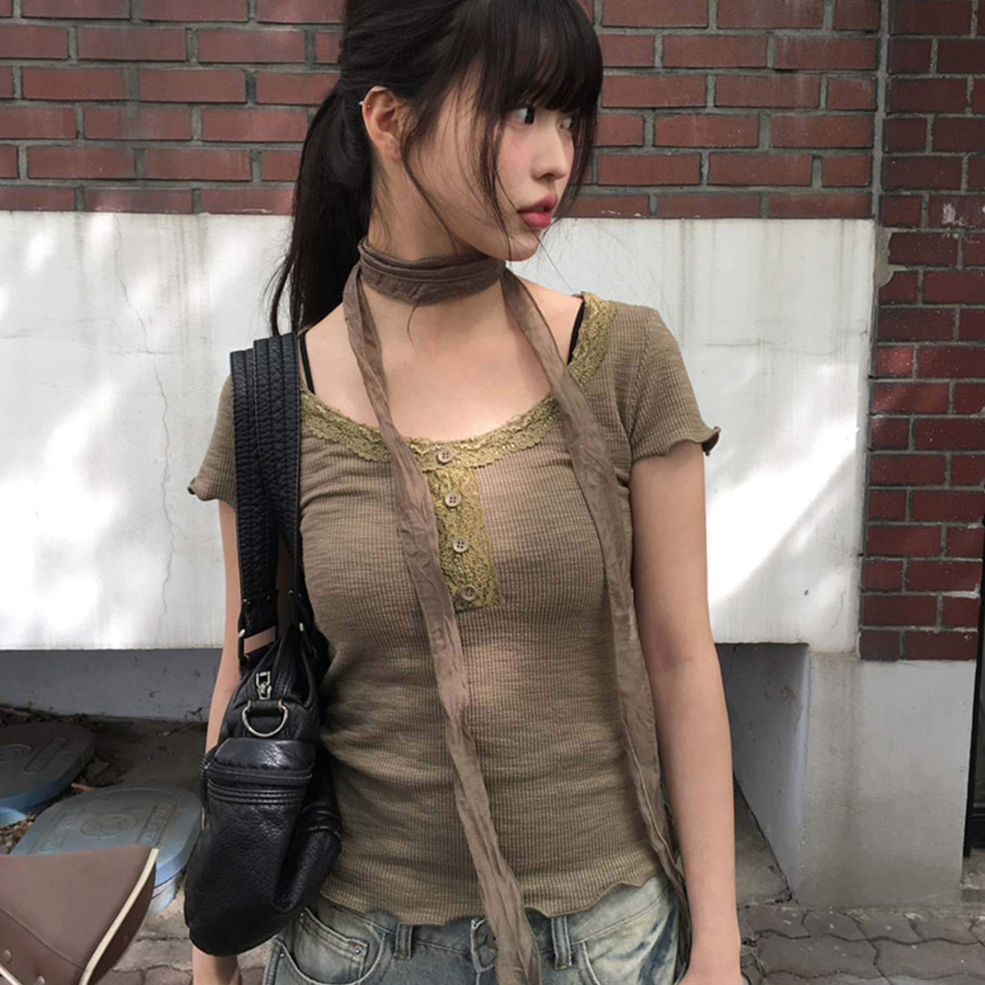 [anyonemore] Suki Lace Button Choker Short Sleeve T-Shirt Set