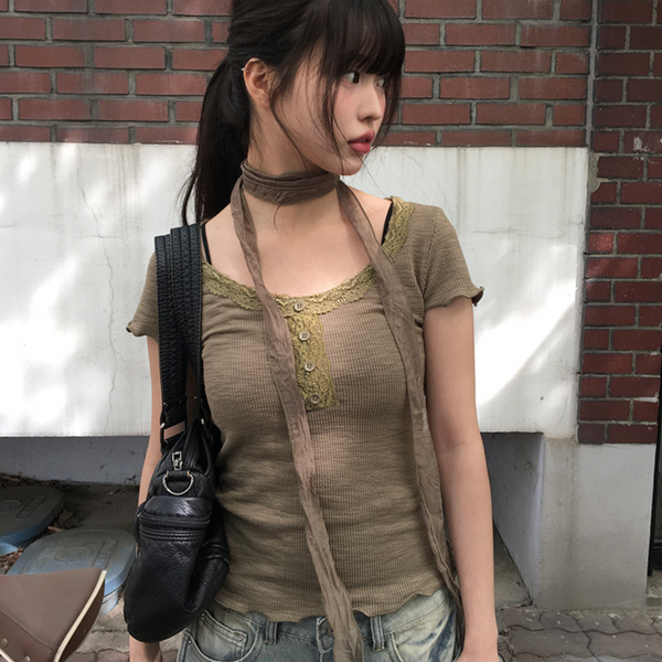 [anyonemore] Suki Lace Button Choker Short Sleeve T-Shirt Set