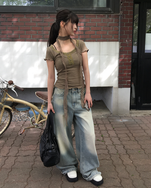 [anyonemore] Suki Lace Button Choker Short Sleeve T-Shirt Set